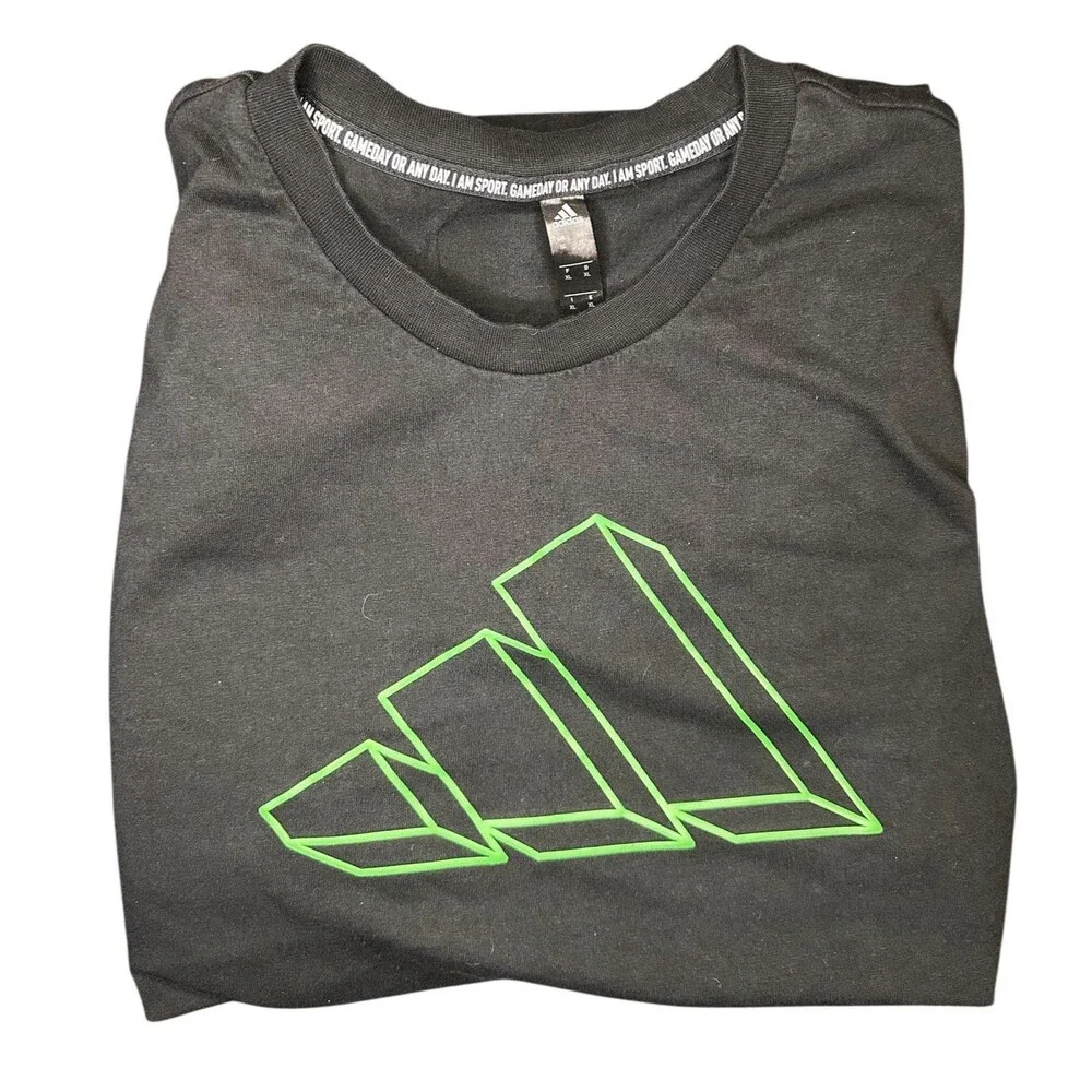 Men’s Adidas XL Black T-Shirt Green Logo Front & Back Neck Streetwear